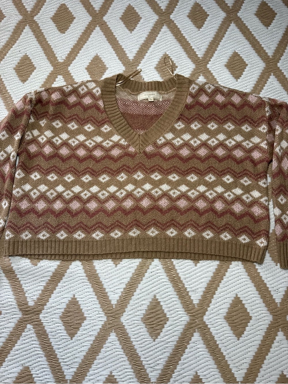 No Comment Brown/Mauve/White Knit Pullover Sweater V-Neck Geometric XL